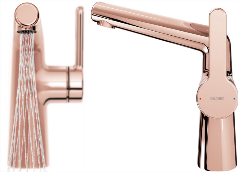 Doppelt im Trend: Die Armatur „Designo“ kommt nicht nur im ungewöhnlichen Metall-Ton Rosé-Gold daher, sondern hat auch ein völlig neuartiges Wasser-Strahlbild.